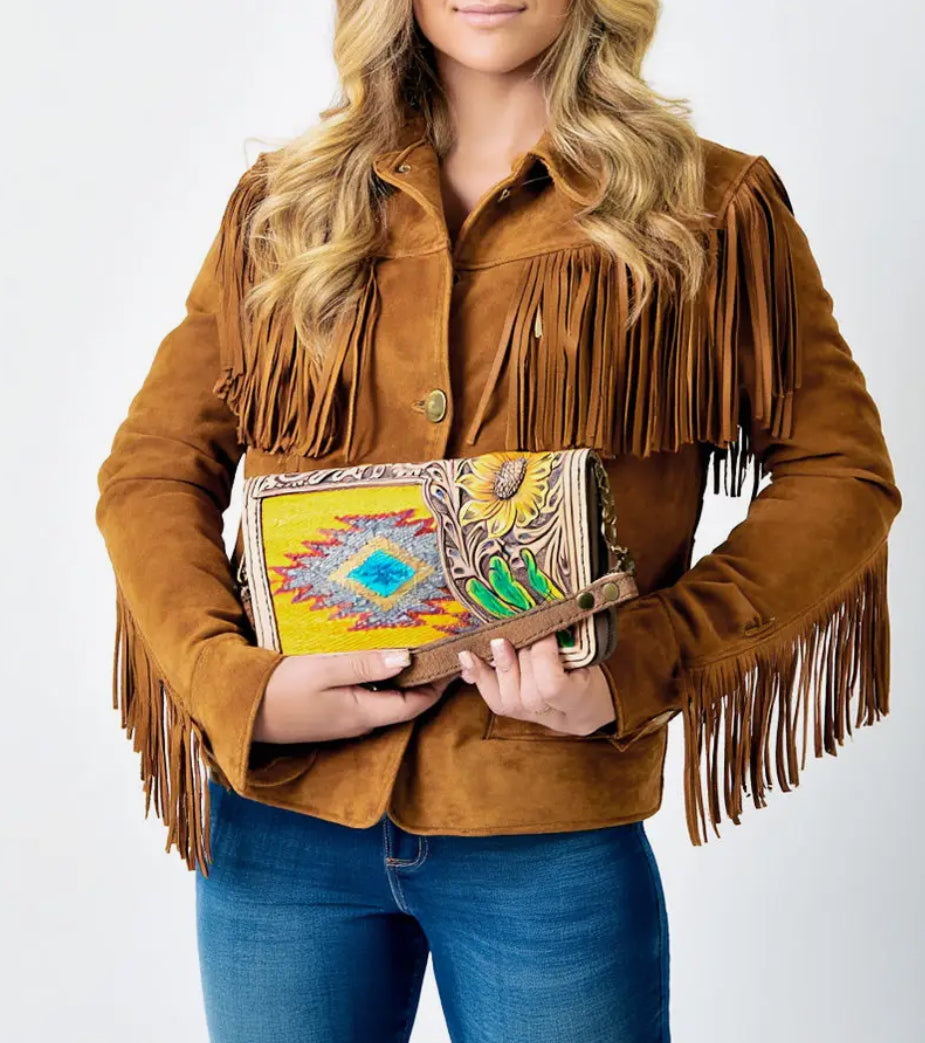 Yellow Tooled Leather Hand Bag