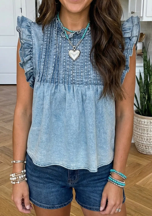 Vintage Washed Ruffle Denim Top